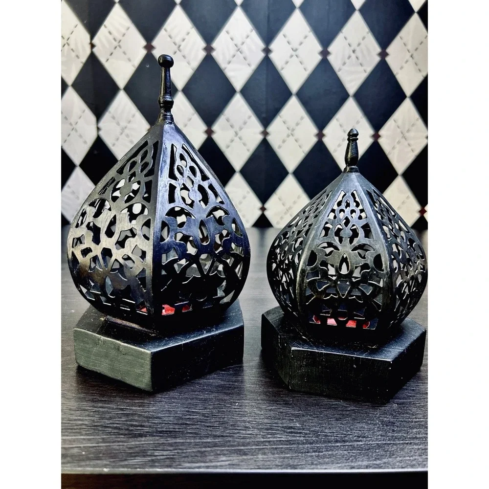 Moroccan Lantern Candleholders Black Pierced Metal Decor Pair